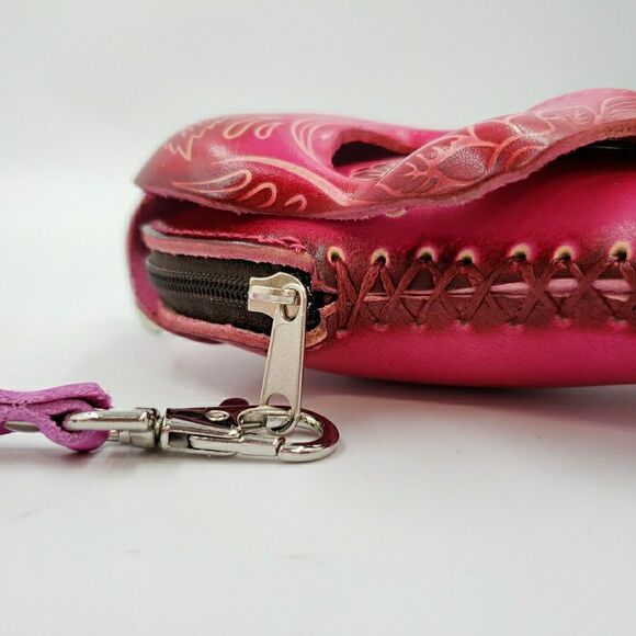 Sugar Skull Leather Wristlet Wallet Hot Pink Day of the Dead Coin Purse Keychain - Picture 5 of 15